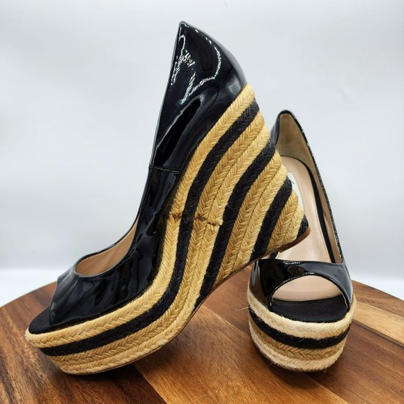 Brian Atwood Wedges Heels 40 Black Tan Cream Patent Leather Peep Toe Espadrilles - Picture 12 of 13